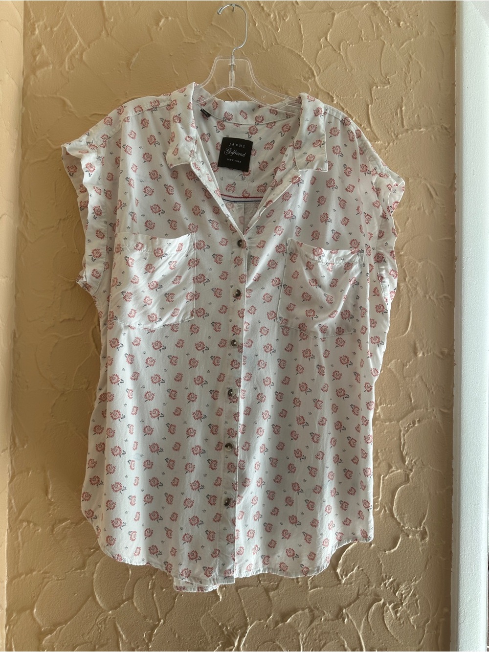 Jachs White Button-Front Short Sleeve Blouse with Pink Floral Print